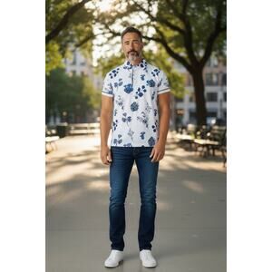 Extracurricular Polo Botanical Blue Embroidered Golf Shirt Size M